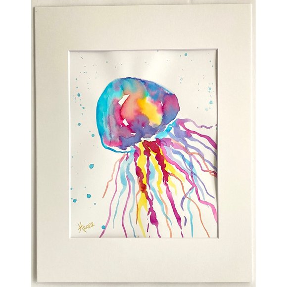 Colorful Jelly 2 -Original Wall Art Watercolor Painting Matted Frame Ready 11x14 - Picture 2 of 6
